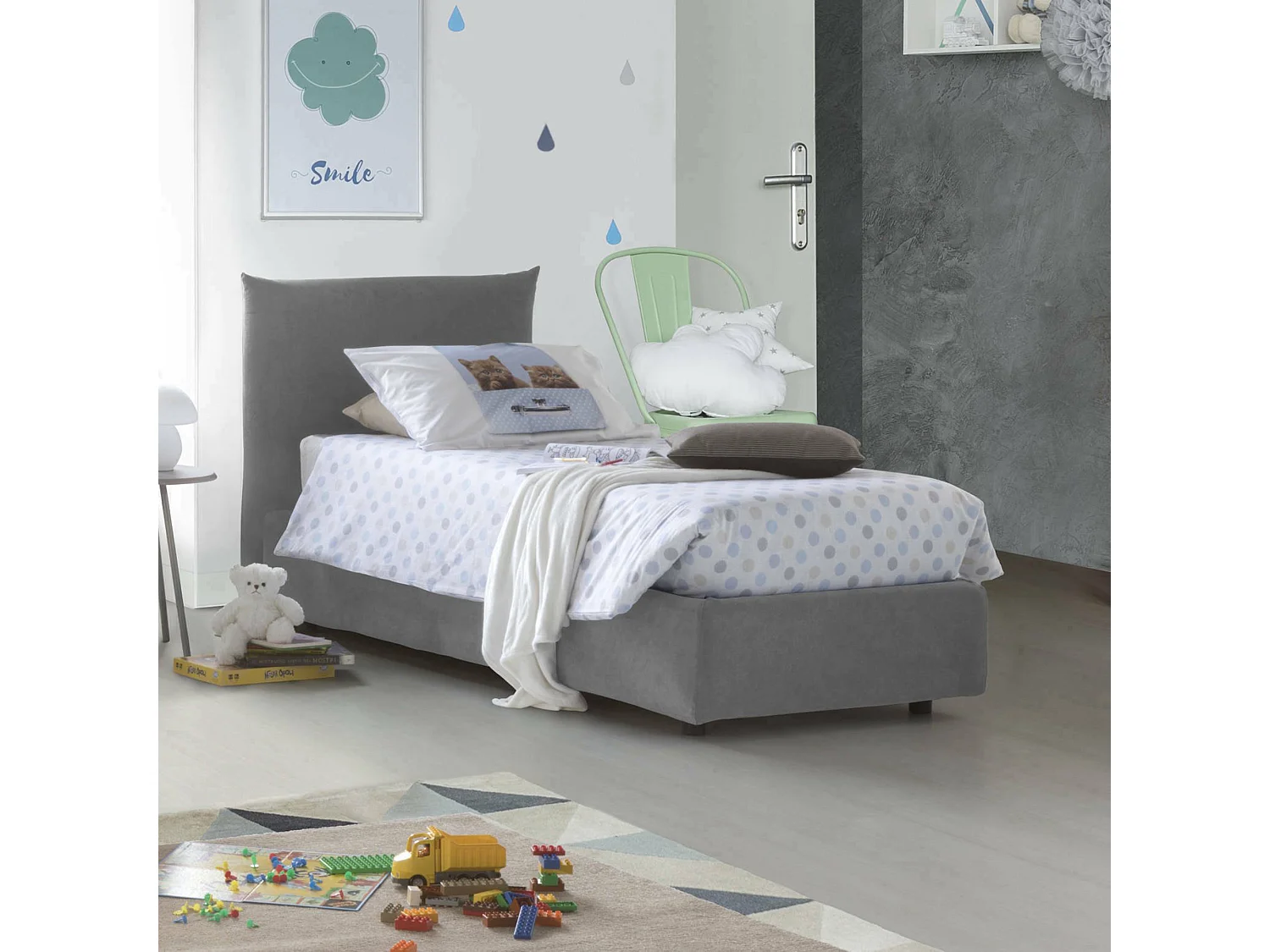 Dbut eenpersoonsbed, Opbergbed met stoffen bekleding, 100% Made in Italy, Opening aan de voorkant, inclusief matras van 80x190 cm, Grijs