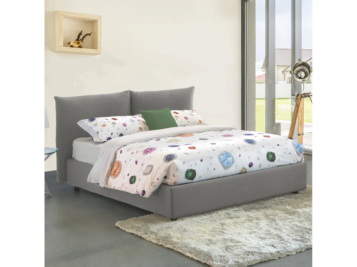 Lit double Dbrekal, Lit coffre avec revêtement en tissu, 100% Made in Italy, Ouverture frontale, avec matelas 160x190 cm inclus, Gris