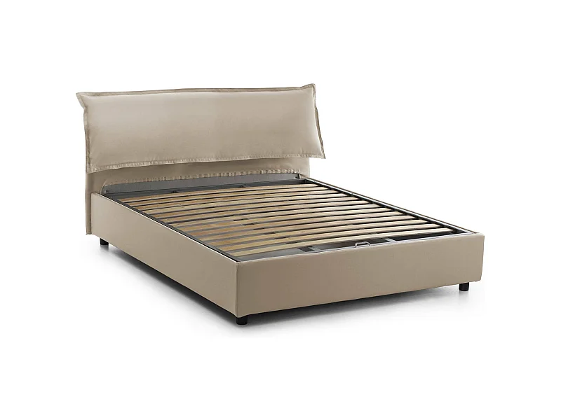Lit double Dbianch, Lit coffre déhoussable avec tête de lit rembourrée et cadre de lit coffre, 100% Made in Italy, adapté pour matelas 160x190 cm, Beige