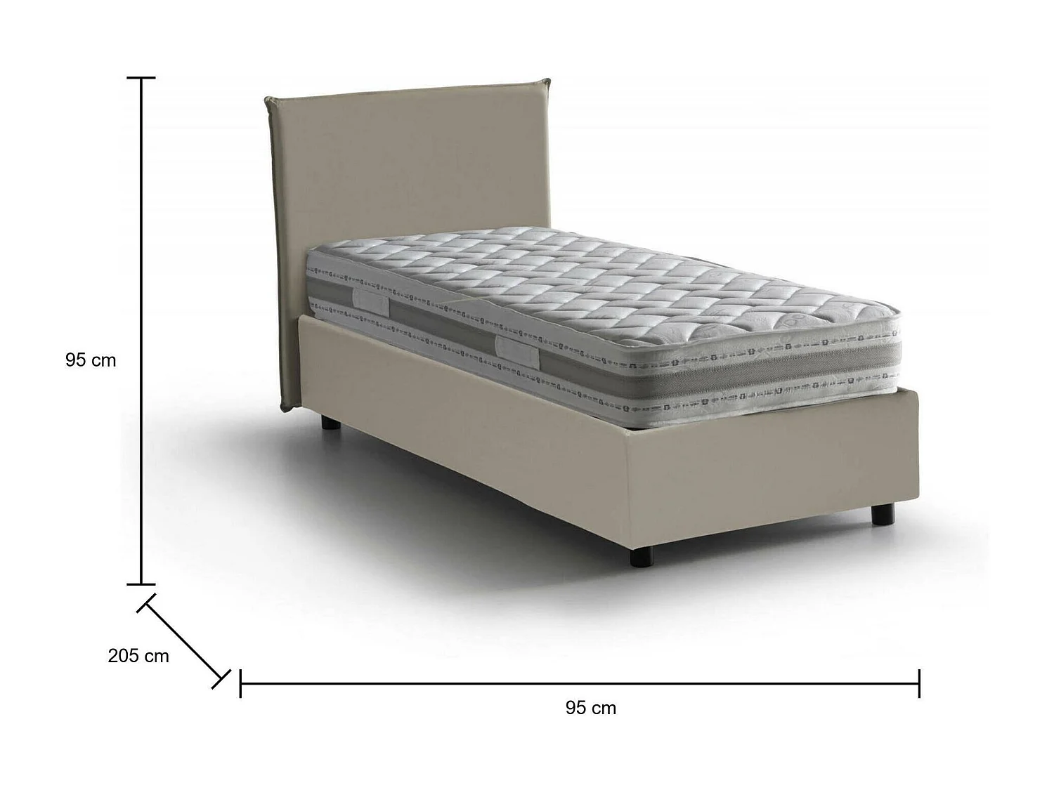 Lit simple Dantov, Lit coffre avec revêtement en éco-cuir, 100% Made in Italy, Ouverture frontale, avec matelas 80x190 cm inclus, Taupe