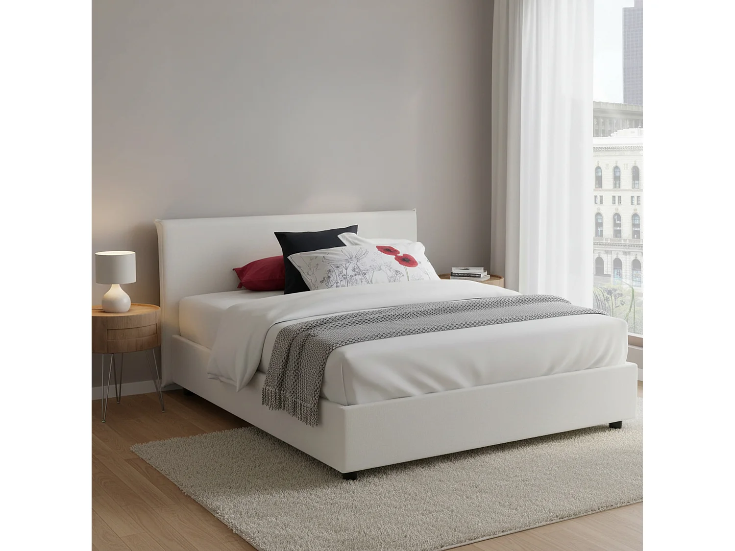 Lit double Dacut, Lit coffre avec revêtement en éco-cuir, 100% Made in Italy, Ouverture frontale, avec matelas 140x190 cm inclus, Blanc