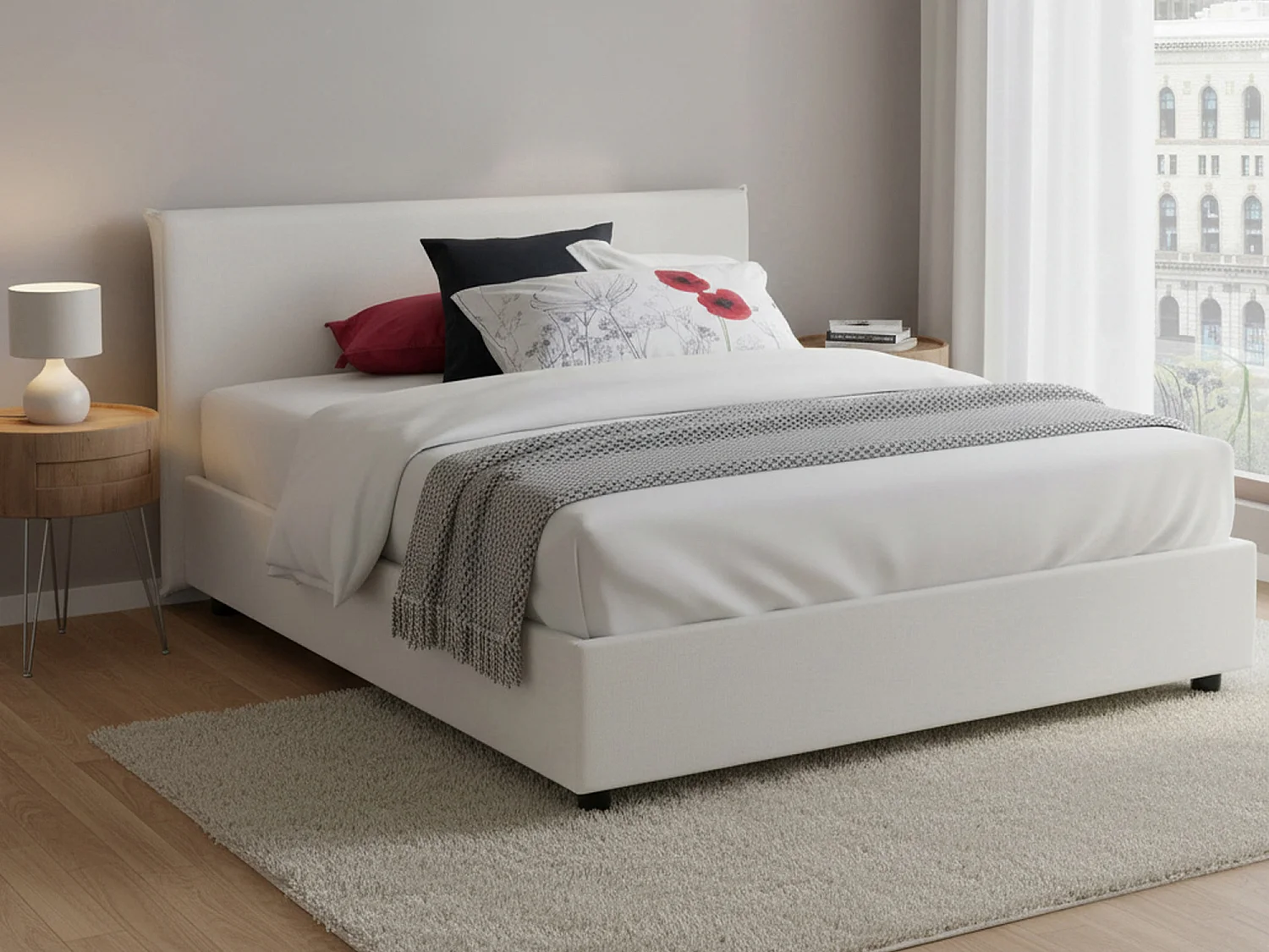 Lit double Dacut, Lit coffre avec revêtement en éco-cuir, 100% Made in Italy, Ouverture frontale, avec matelas 140x190 cm inclus, Blanc