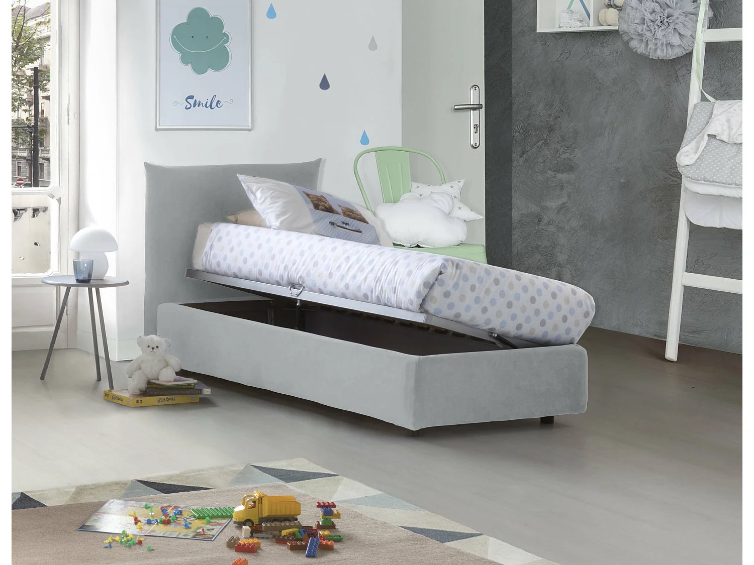 Dborbe eenpersoonsbed, Opbergbed met stoffen bekleding, 100% Made in Italy, Zijopening, inclusief matras van 80x190 cm, Wit