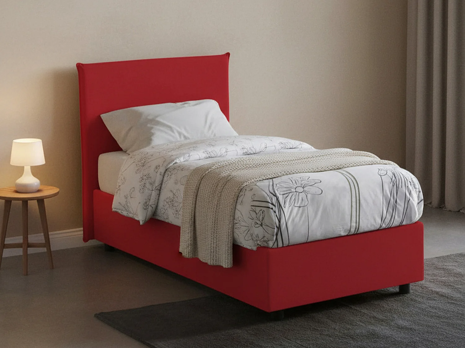 Lit simple Dbaldo, Lit coffre avec revêtement en tissu, 100% Made in Italy, Ouverture frontale, adapté pour matelas 90x190 cm, Rouge