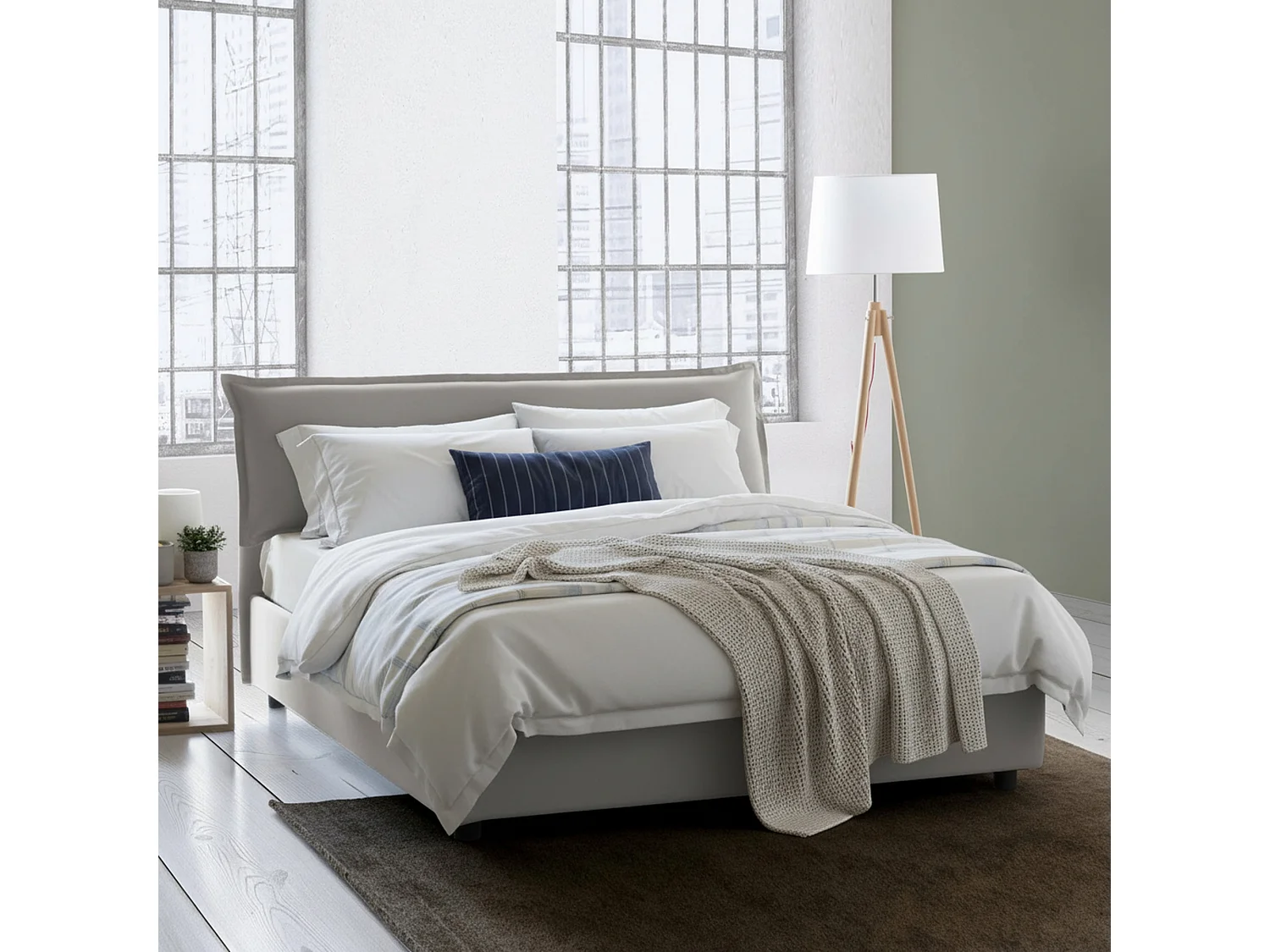 Lit double Dbianch, Lit coffre déhoussable avec tête de lit rembourrée et cadre de lit coffre, 100% Made in Italy, adapté pour matelas 160x190 cm, Gris