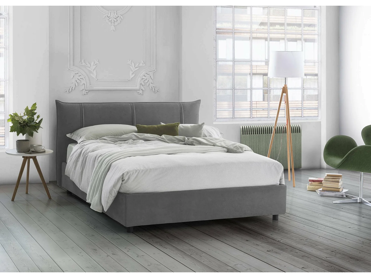 Cama de casal Dfecci, Cama de armazenamento com forro de tecido, 100% Fabricado na Itália, Abertura frontal, com colchão 160x200 cm incluído, Cinza