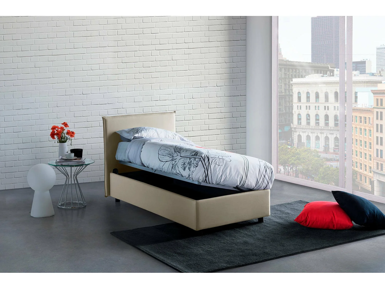Einzelbett Daugell, Containerbett mit Stoffbespannung, 100% Made in Italy, Seitliche Ã–ffnung, inklusive Matratze Cm 80x190, Beige