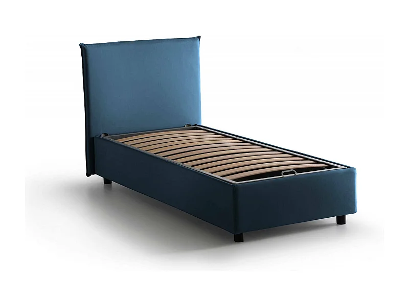 Cama de solteiro Dapuzz, Cama de armazenamento com forro de tecido, 100% Fabricado na Itália, Abertura frontal, adequada para colchão de 80x190 cm, Azul