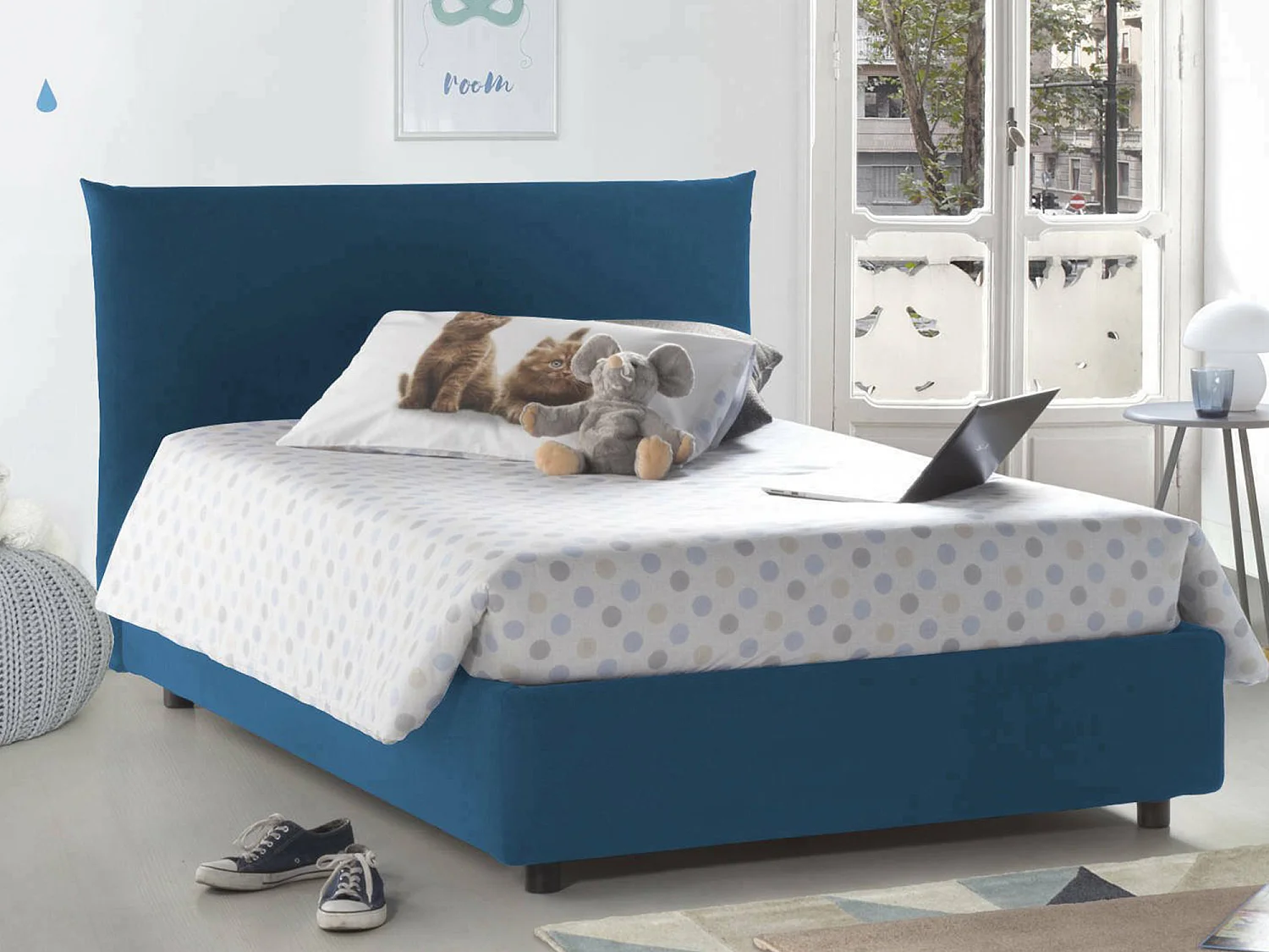 Lit double Dbranc, lit coffre avec revêtement en tissu, 100% Made in Italy, ouverture frontale, avec matelas 120x190 cm inclus, bleu