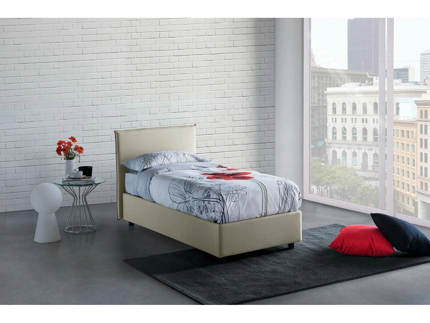 Einzelbett Darut, Containerbett mit Stoffbespannung, 100% Made in Italy, Seitliche Ã–ffnung, passend für Matratze Cm 80x190, Beige