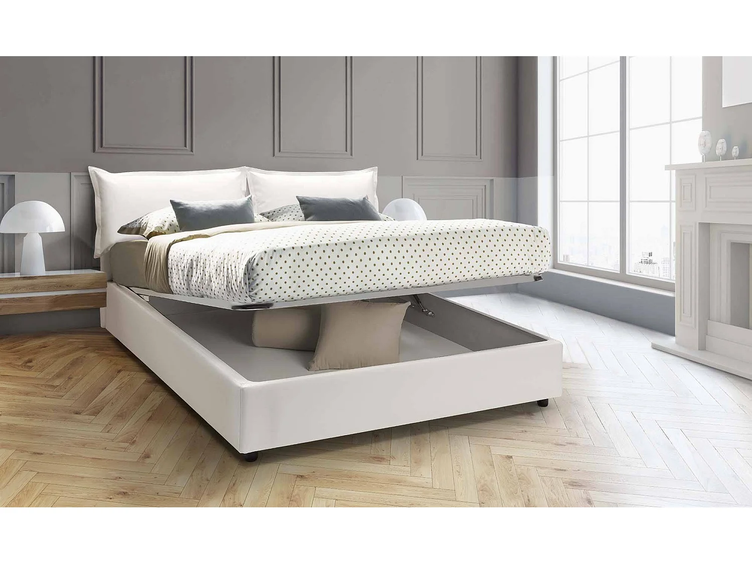 Dfin tweepersoonsbed, Opbergbed met bekleding van eco-leer, 100% Made in Italy, Opening aan de voorkant, inclusief matras van 160x200 cm, Wit