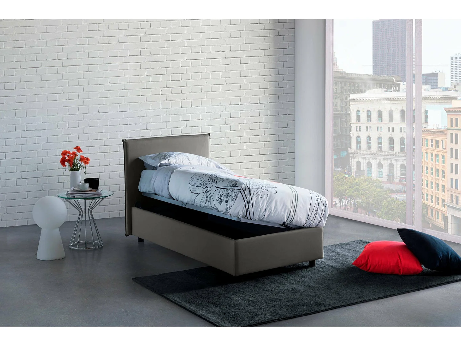 Cama de solteiro Darut, Cama de armazenamento com forro de tecido, 100% Fabricado na Itália, Abertura lateral, adequada para colchão 80x190 cm, Cinza