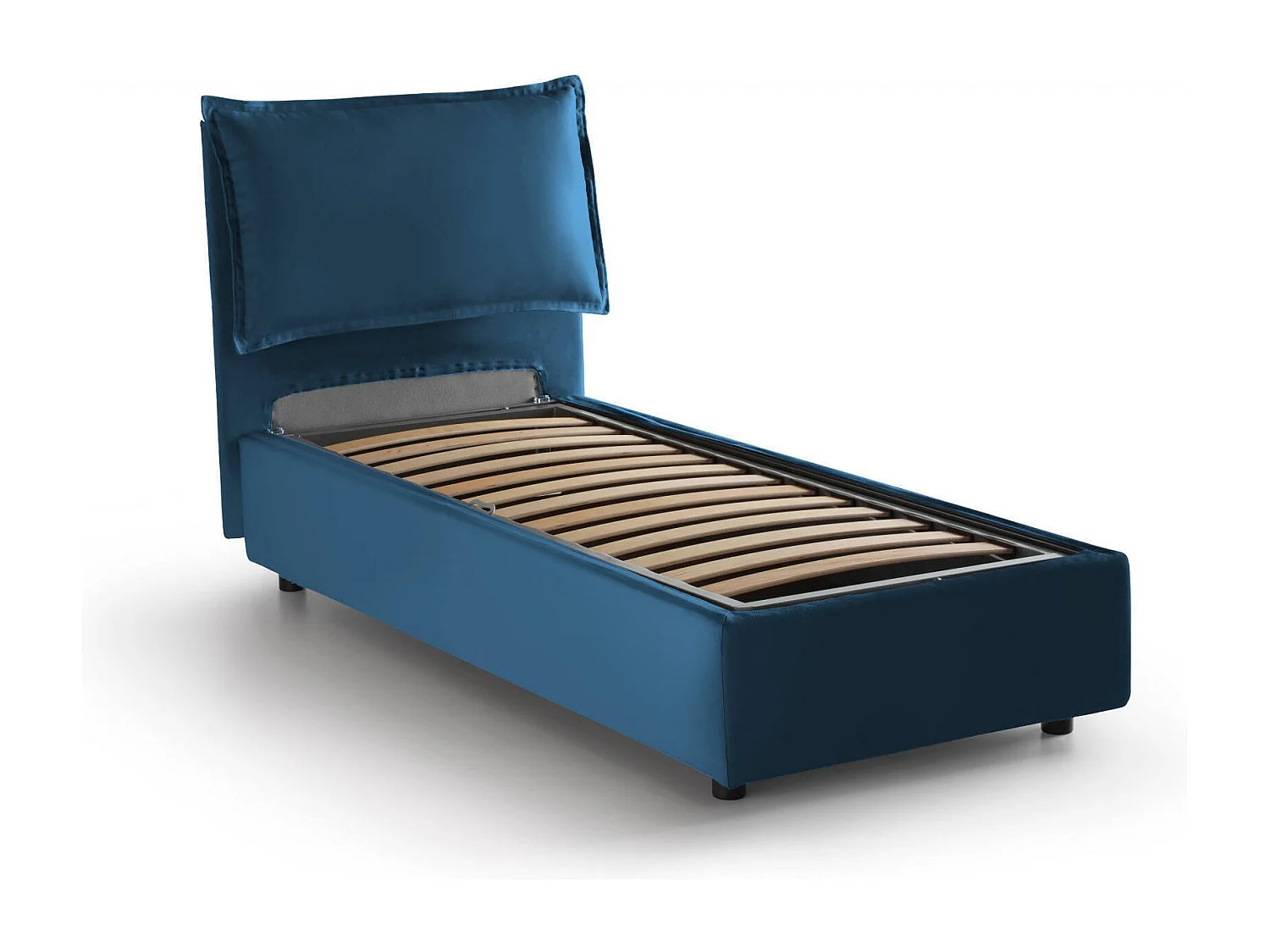 Einzelbett Dcrnigo, Containerbett mit Stoffbespannung, 100% Made in Italy, Frontöffnung, inklusive Matratze Cm 90x200, Blau