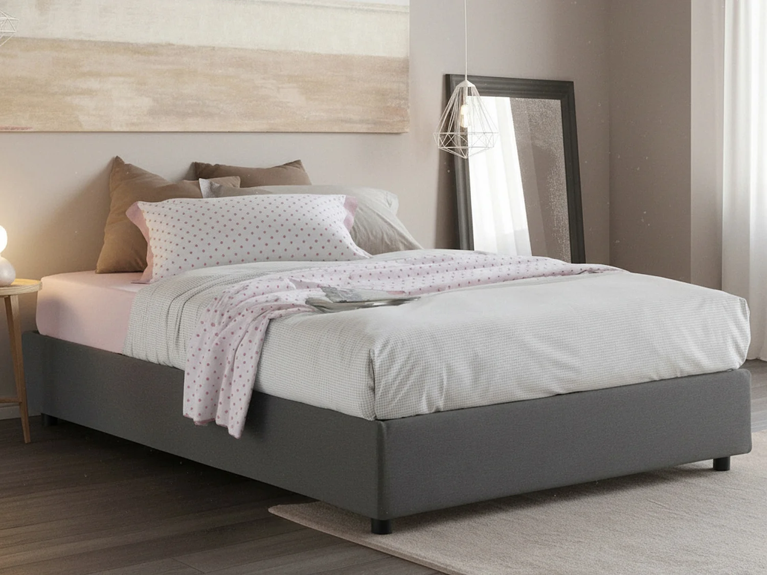 Lit double Dcacac, Lit coffre avec revêtement en tissu, 100% Made in Italy, Ouverture frontale, avec matelas 160x190 cm inclus, Gris