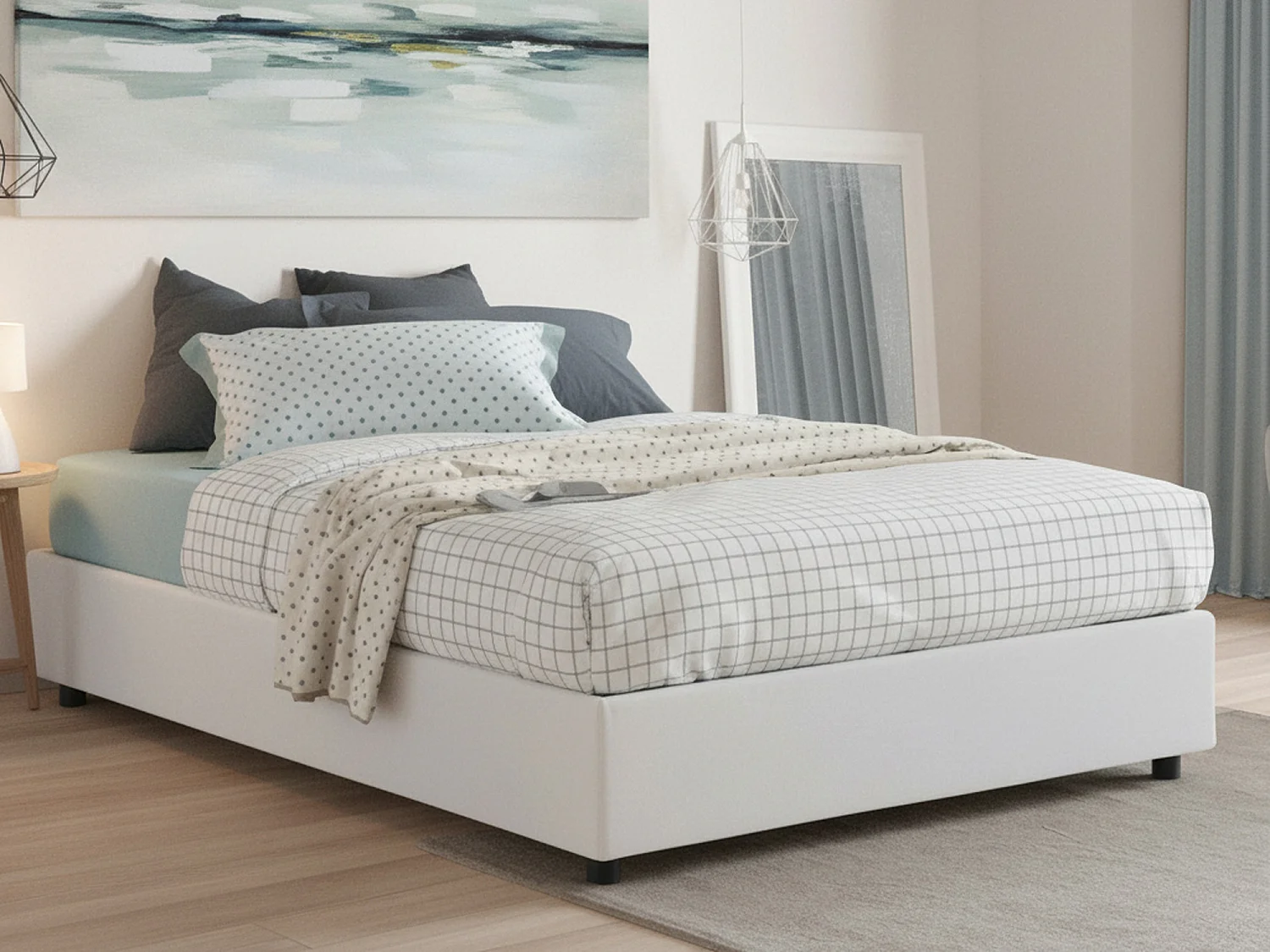 Lit double Daajj, Lit coffre avec revêtement en tissu, 100% Made in Italy, Ouverture frontale, avec matelas 140x190 cm inclus, Blanc