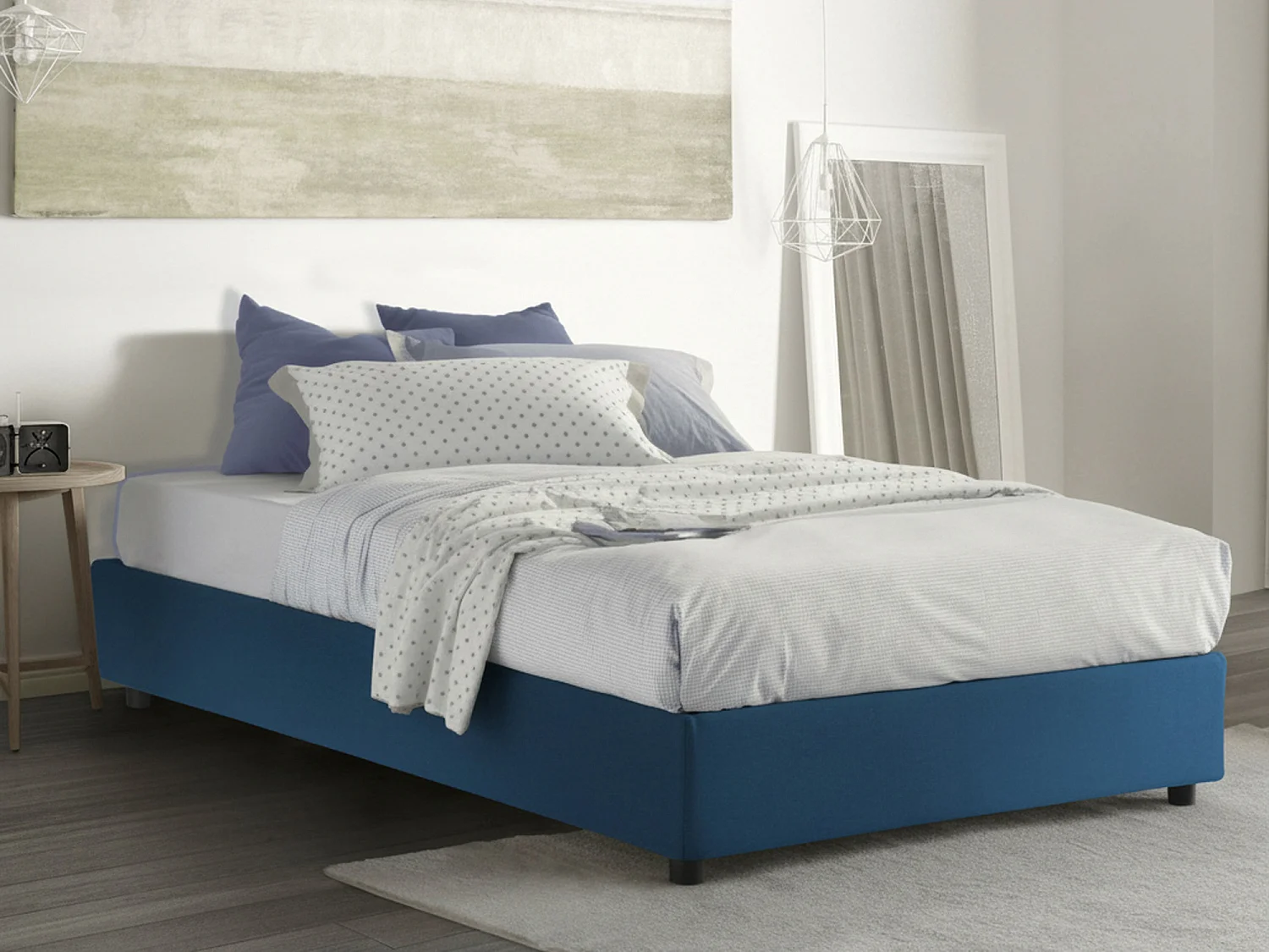 Lit double Dcacac, Lit coffre avec revêtement en tissu, 100% Made in Italy, Ouverture frontale, avec matelas 160x190 cm inclus, Bleu