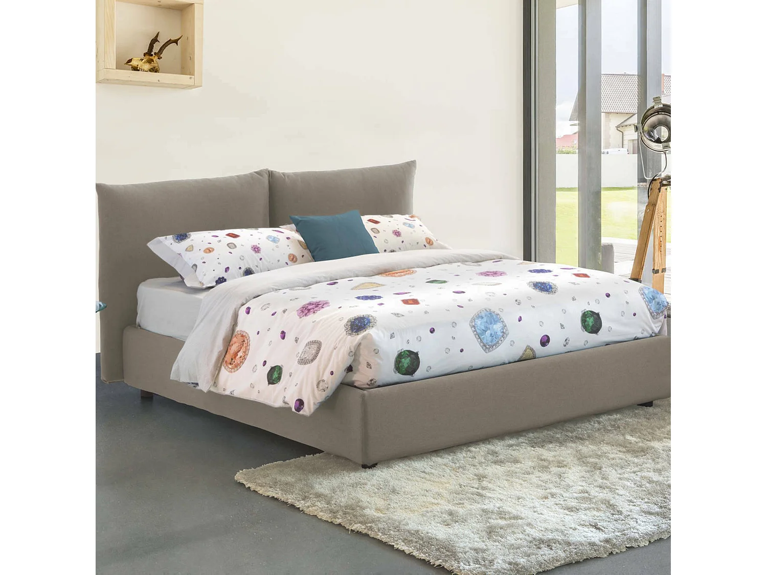 Lit double Dbrekal, Lit coffre avec revêtement en tissu, 100% Made in Italy, Ouverture frontale, avec matelas 160x190 cm inclus, Taupe