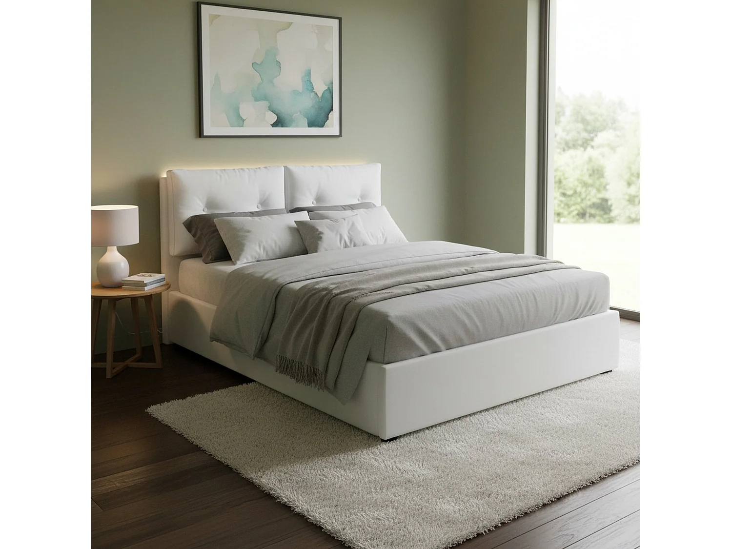 Lit double Dkasiu, Lit coffre avec revêtement en éco-cuir, 100% Made in Italy, Ouverture frontale, avec matelas 160x200 cm inclus, Blanc