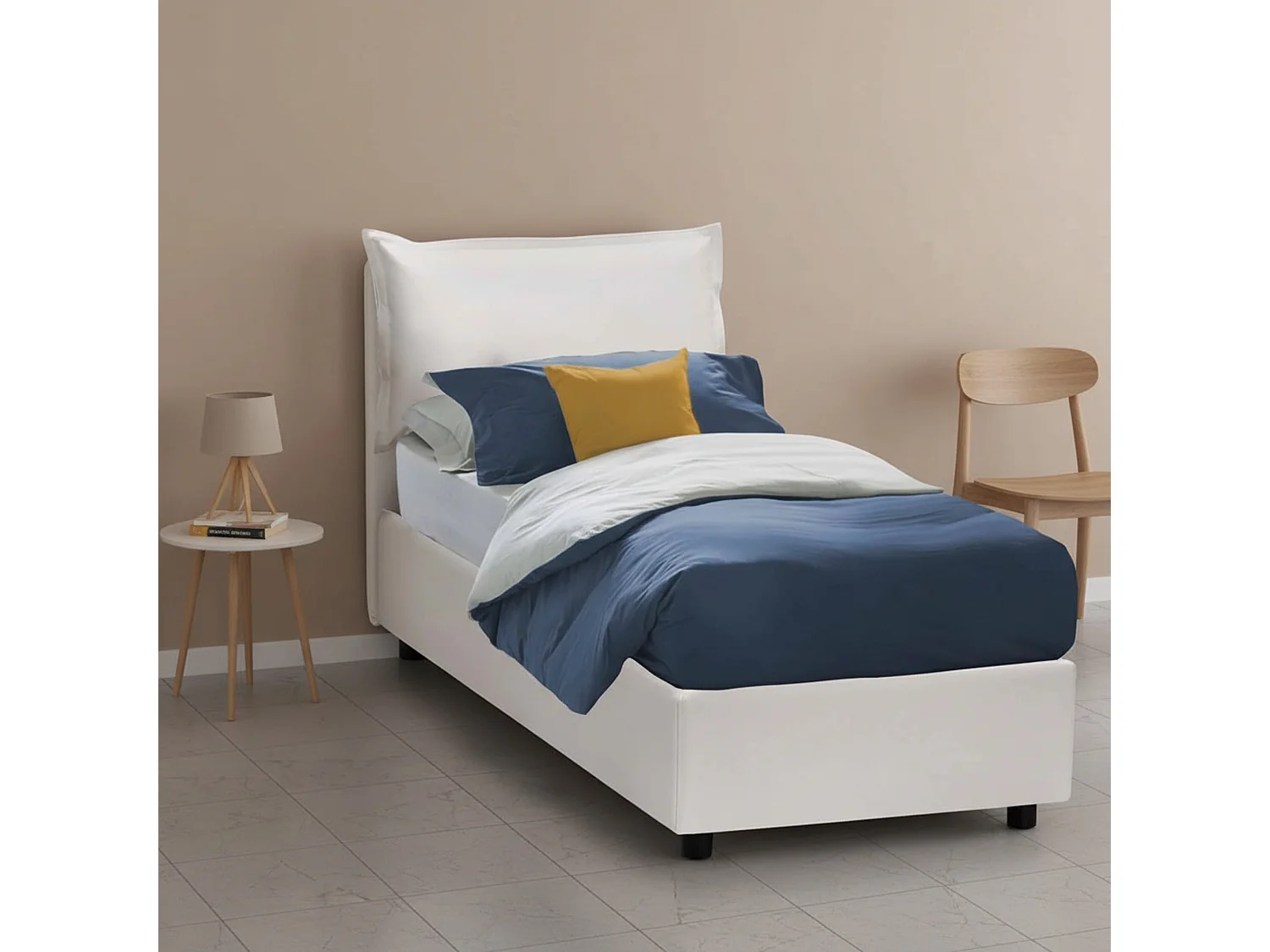 Lit simple Dkokori, Lit coffre avec revêtement en éco-cuir, 100% Made in Italy, Ouverture frontale, avec matelas 80x200 cm inclus, Blanc