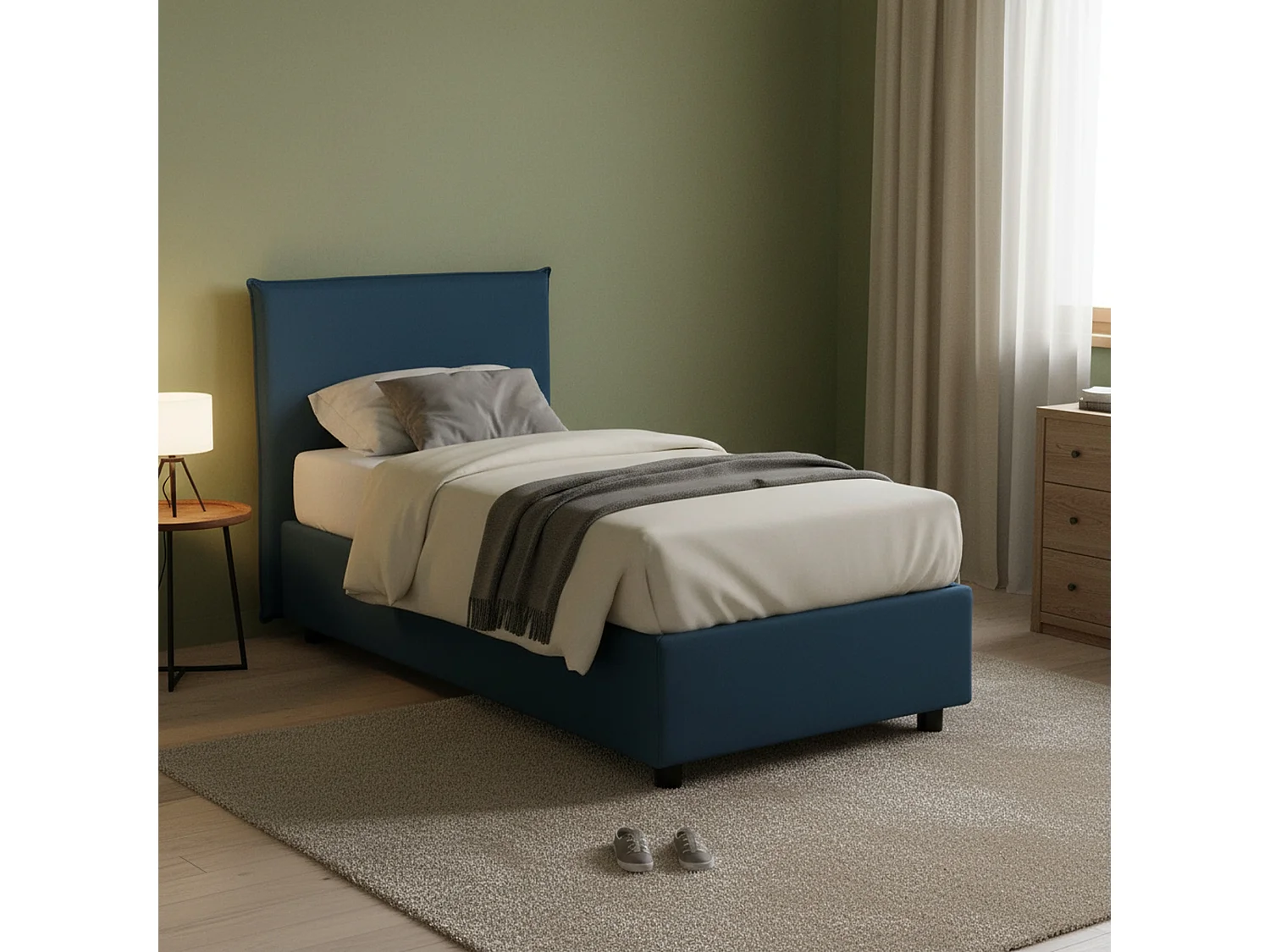 Lit simple Daquin, Lit coffre avec revêtement en tissu, 100% Made in Italy, Ouverture frontale, avec matelas 80x190 cm inclus, Bleu