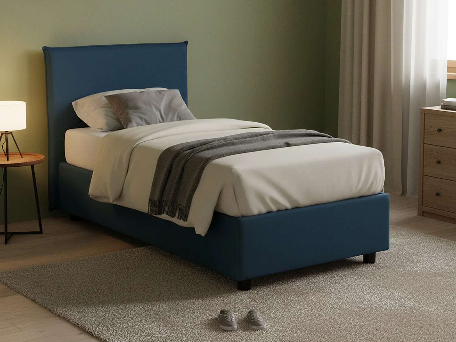 Lit simple Daquin, Lit coffre avec revêtement en tissu, 100% Made in Italy, Ouverture frontale, avec matelas 80x190 cm inclus, Bleu