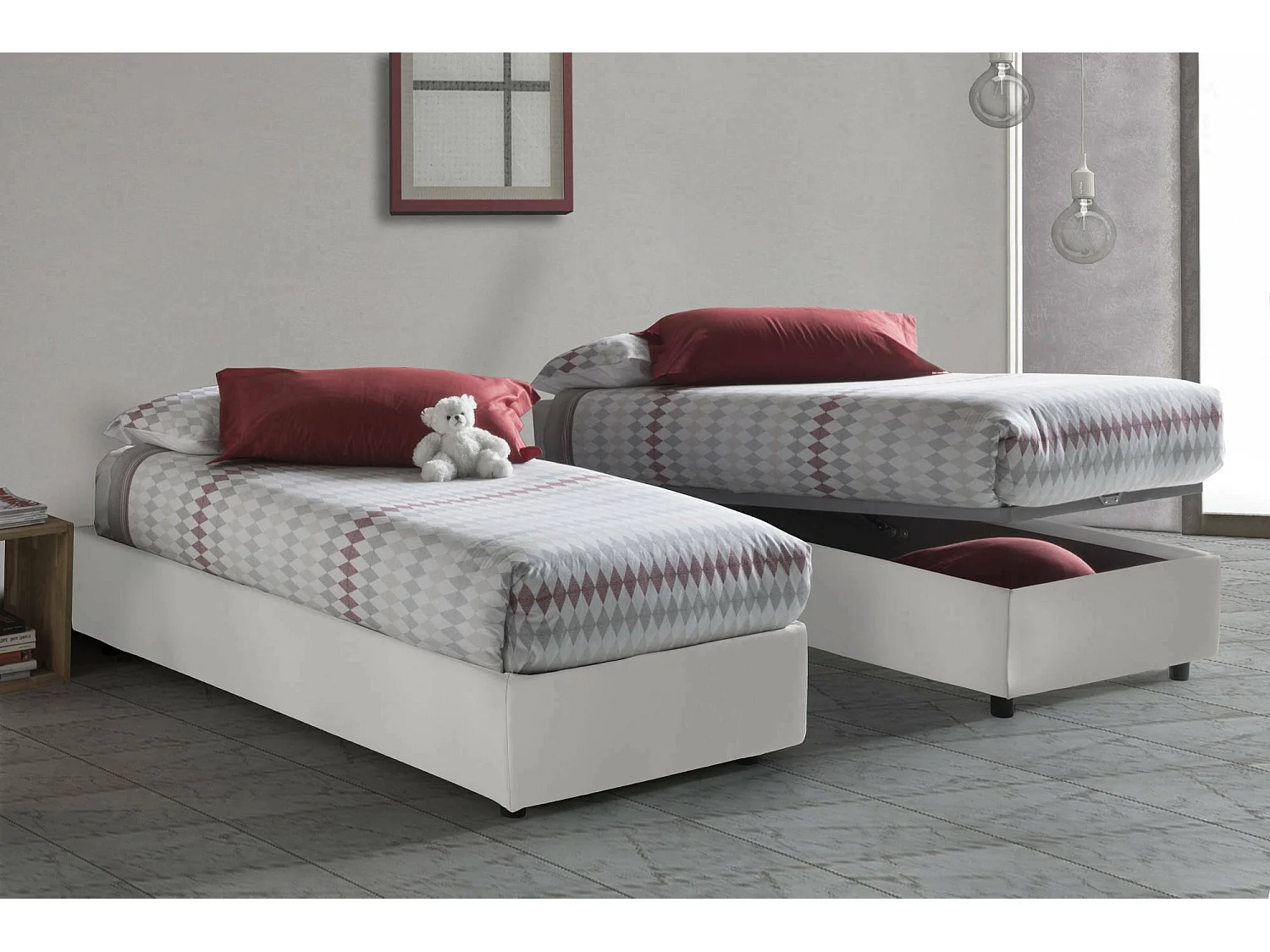 Einzelbett Dginulf, Containerbett mit Kunstlederbezug, 100% Made in Italy, Frontöffnung, passend für Matratze Cm 90x200, WeiÃŸ