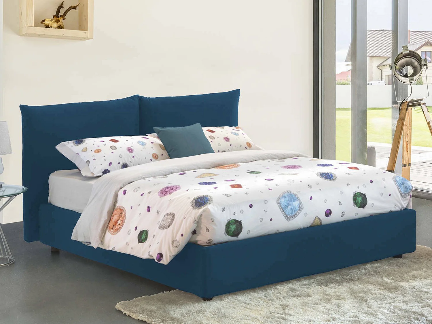 Dbrekal tweepersoonsbed, Opbergbed met stoffen bekleding, 100% Made in Italy, Opening aan de voorzijde, inclusief matras 160x190 cm, Blauw