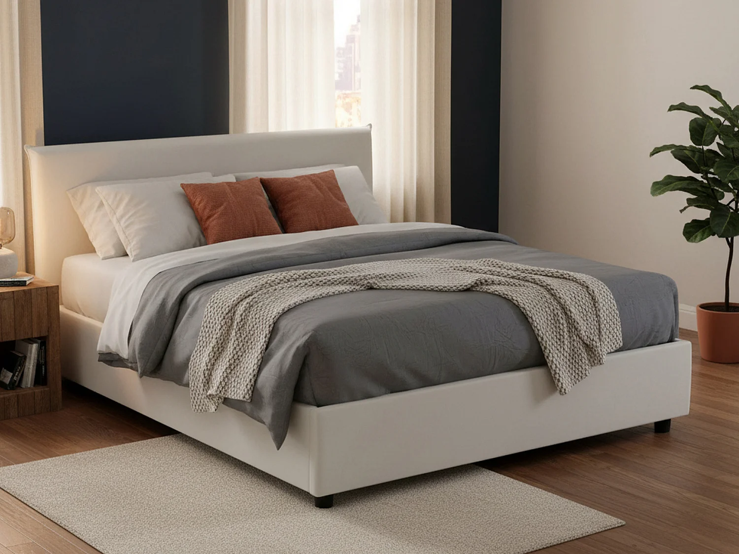 Lit double Damia, Lit coffre avec revêtement en éco-cuir, 100% Made in Italy, Ouverture frontale, adapté pour matelas 160x200 cm, Blanc