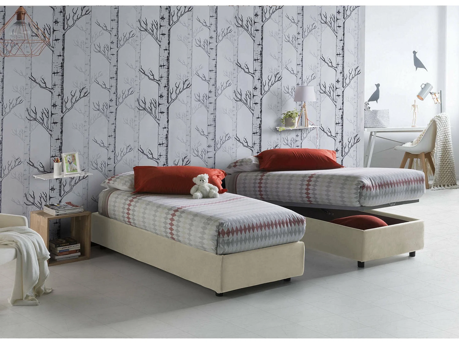 Lit simple Dmeol, Lit coffre avec revêtement en tissu, 100% Made in Italy, Ouverture frontale, avec matelas 90x190 cm inclus, Beige