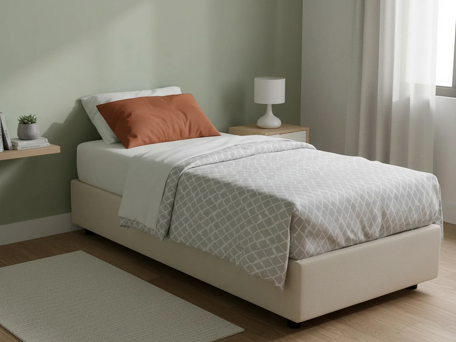 Lit simple Dmeol, Lit coffre avec revêtement en tissu, 100% Made in Italy, Ouverture frontale, avec matelas 90x190 cm inclus, Beige