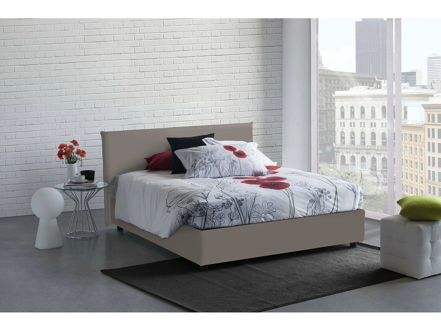 Lit double Dalunn, Lit coffre avec revêtement en éco-cuir, 100% Made in Italy, Ouverture frontale, avec matelas 160x190 cm inclus, Taupe