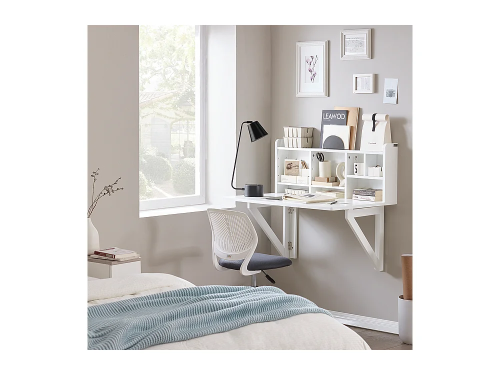 SoBuy Bureau Pliable Mural avec Étagère de Rangement Suspendue, Bureau Mural Rabattable, Bureau d'ordinateur Portable Mural FWT07-II-W