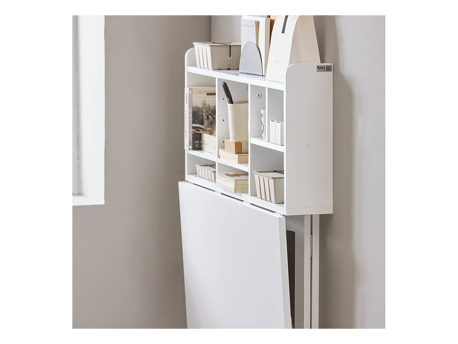 SoBuy Bureau Pliable Mural avec Étagère de Rangement Suspendue, Bureau Mural Rabattable, Bureau d'ordinateur Portable Mural FWT07-II-W