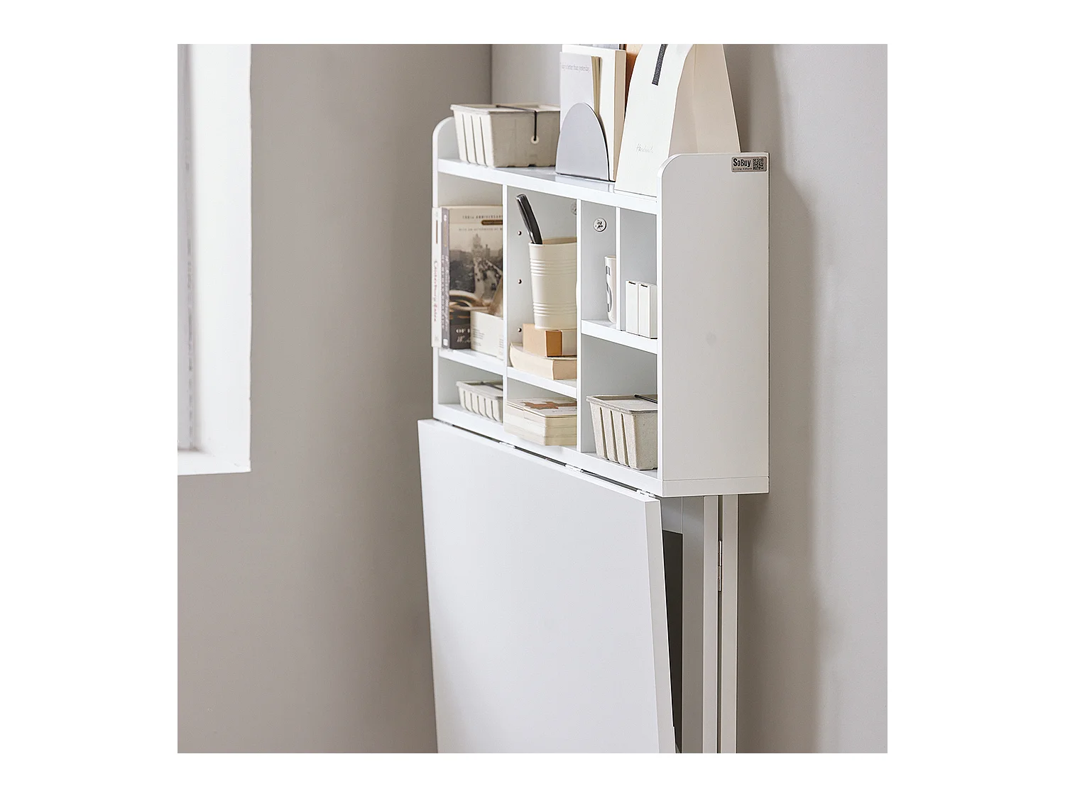 SoBuy Bureau Pliable Mural avec Étagère de Rangement Suspendue, Bureau Mural Rabattable, Bureau d'ordinateur Portable Mural FWT07-II-W