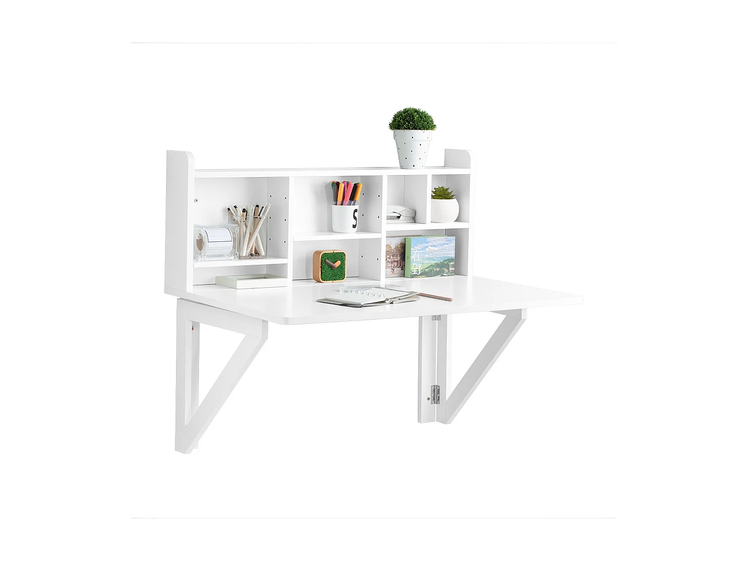 SoBuy Bureau Pliable Mural avec Étagère de Rangement Suspendue, Bureau Mural Rabattable, Bureau d'ordinateur Portable Mural FWT07-II-W