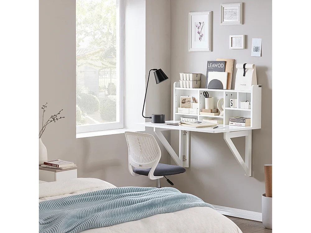 SoBuy Bureau Pliable Mural avec Étagère de Rangement Suspendue, Bureau Mural Rabattable, Bureau d'ordinateur Portable Mural FWT07-II-W