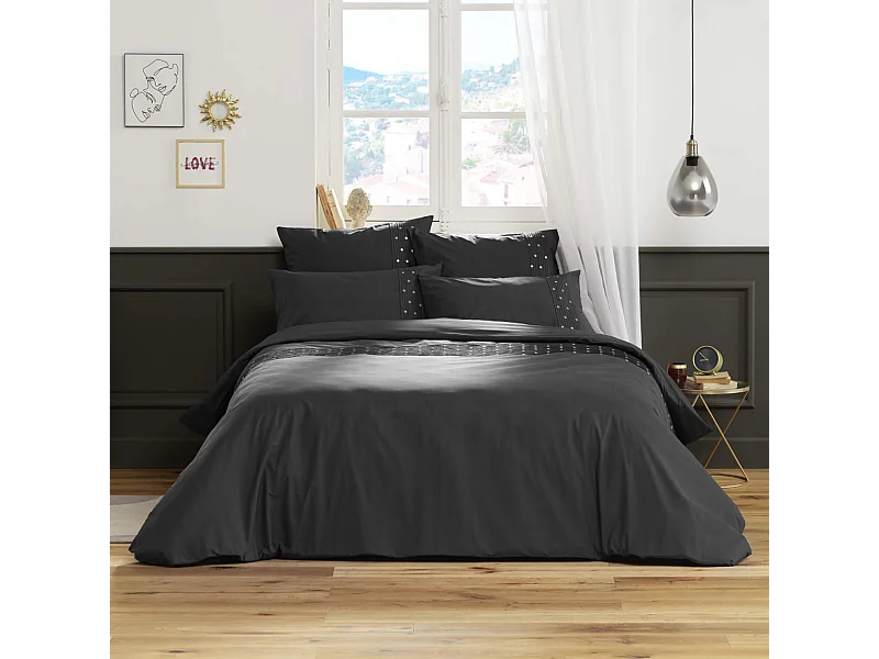 Parure de lit brodée plis religieuses anthracite 200x200 cm