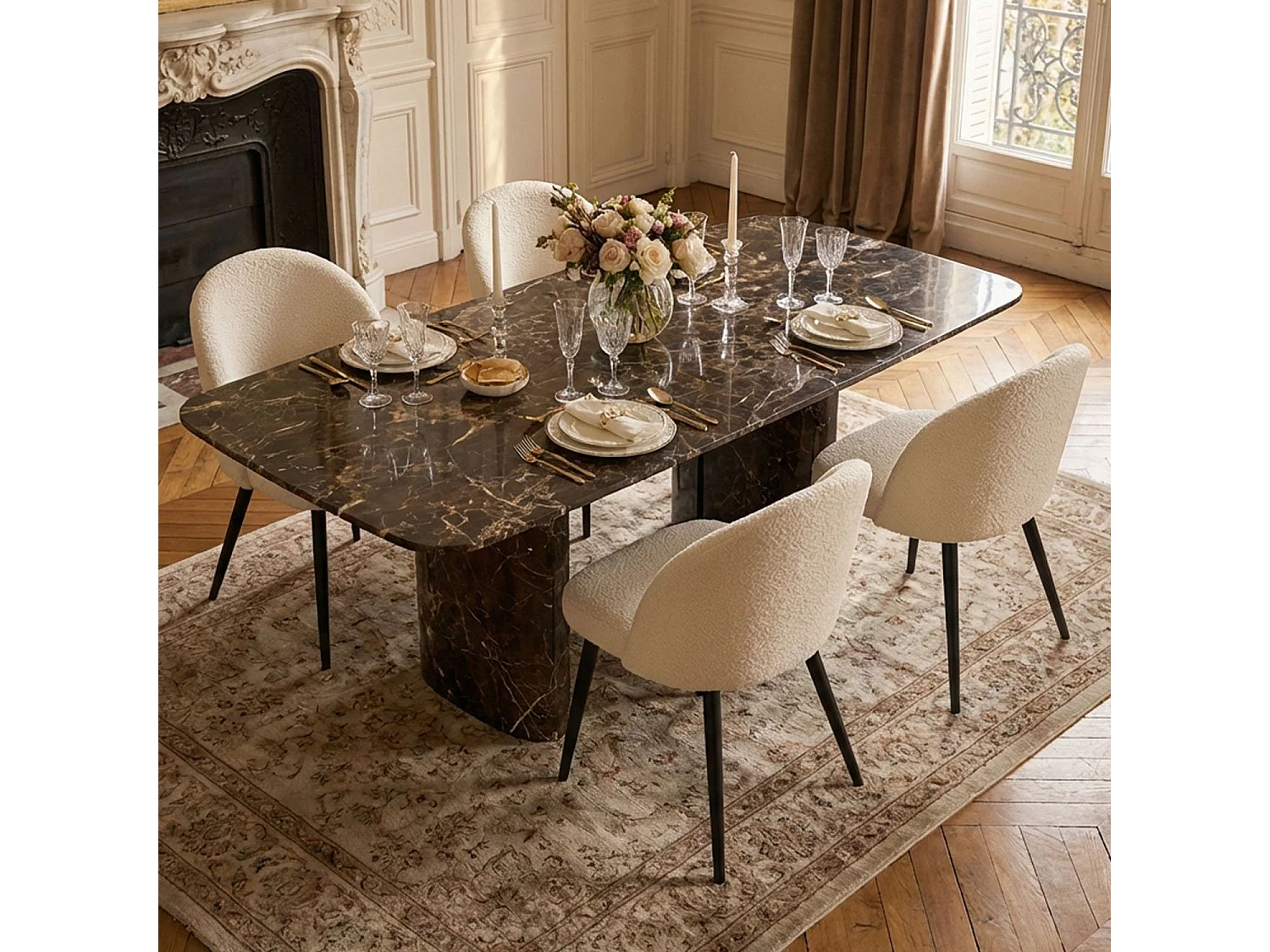 Lot de 4 chaises Maury Métal noir et Tissu bouclette Crème