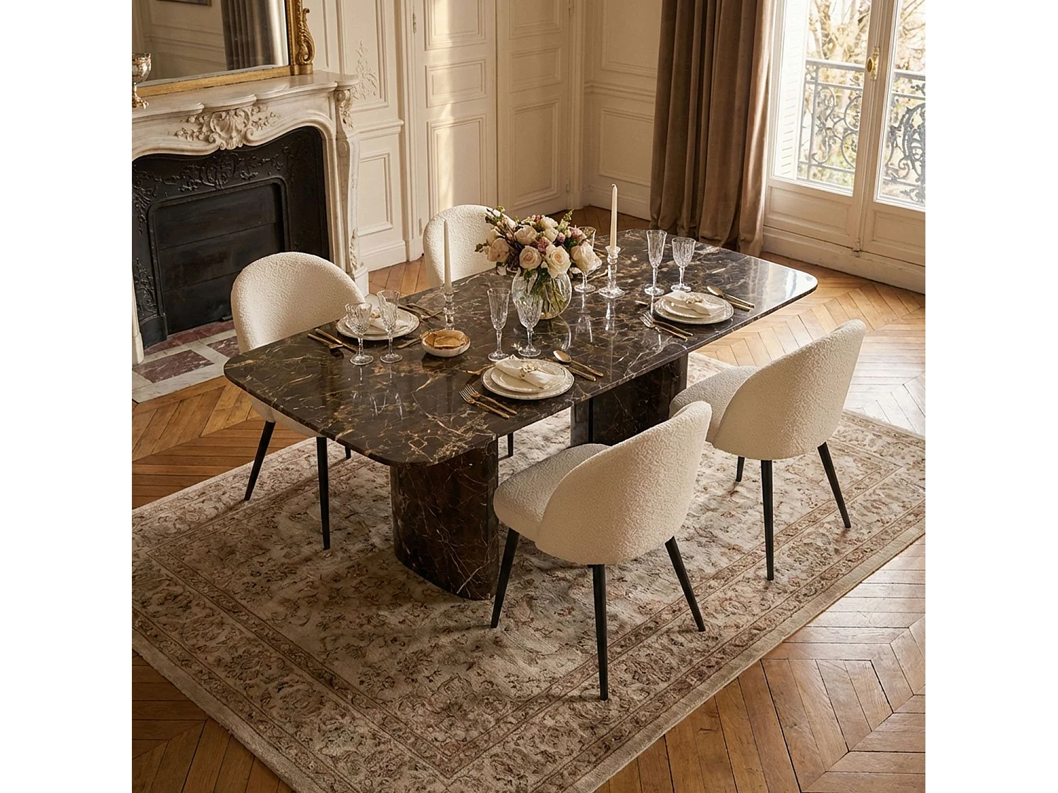 Lot de 4 chaises Maury Métal noir et Tissu bouclette Crème