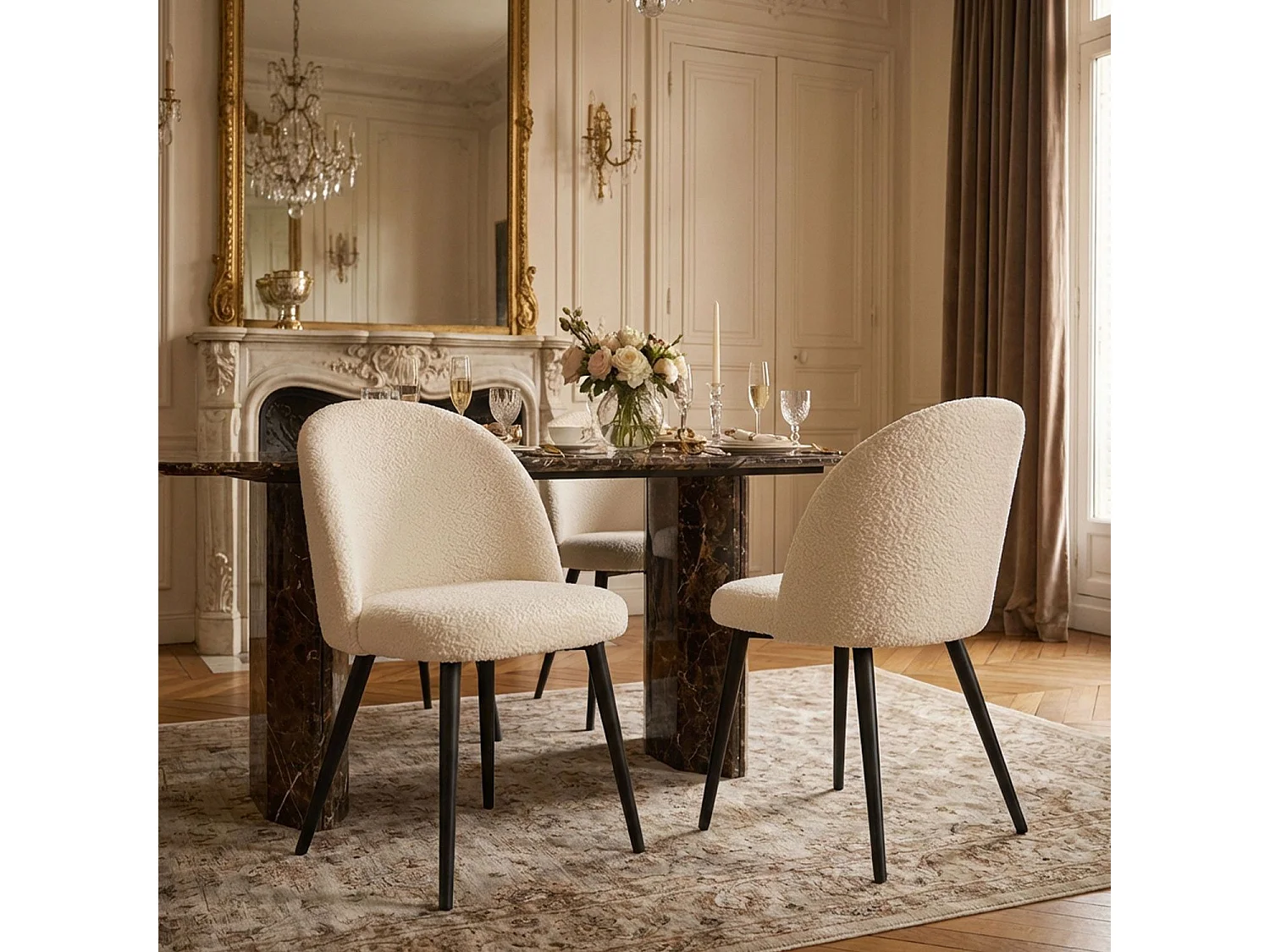 Lot de 4 chaises Maury Métal noir et Tissu bouclette Crème