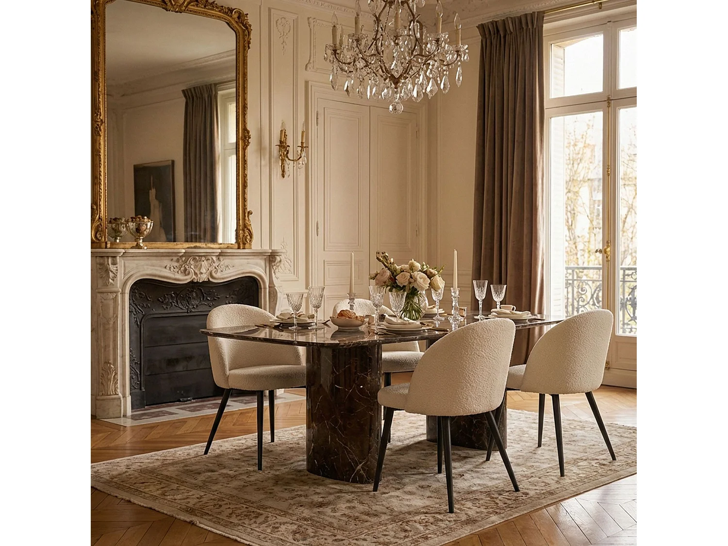 Lot de 4 chaises Maury Métal noir et Tissu bouclette Crème