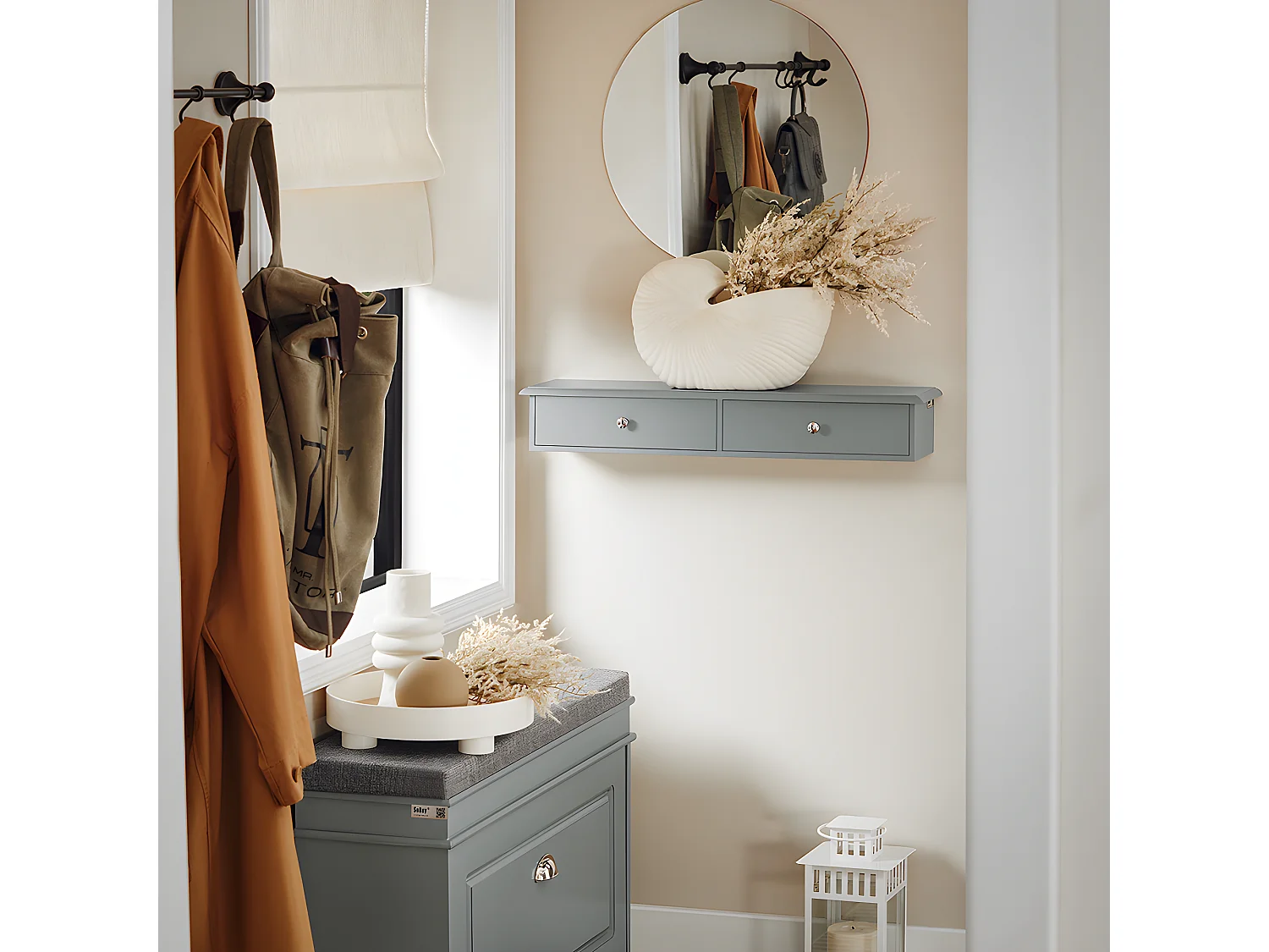 SoBuy Meuble d’entrée de Rangement, Étagère Murale 2 tiroirs, Armoire à clés, Porte-clés L64xP15xH10cm -Gris, FRG43-HG