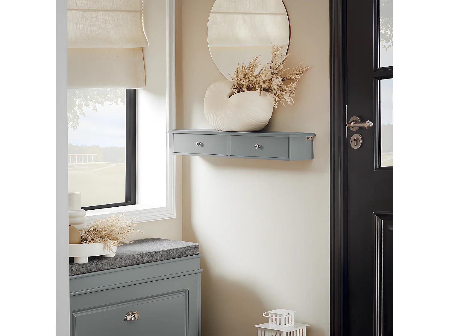 SoBuy Meuble d’entrée de Rangement, Étagère Murale 2 tiroirs, Armoire à clés, Porte-clés L64xP15xH10cm -Gris, FRG43-HG