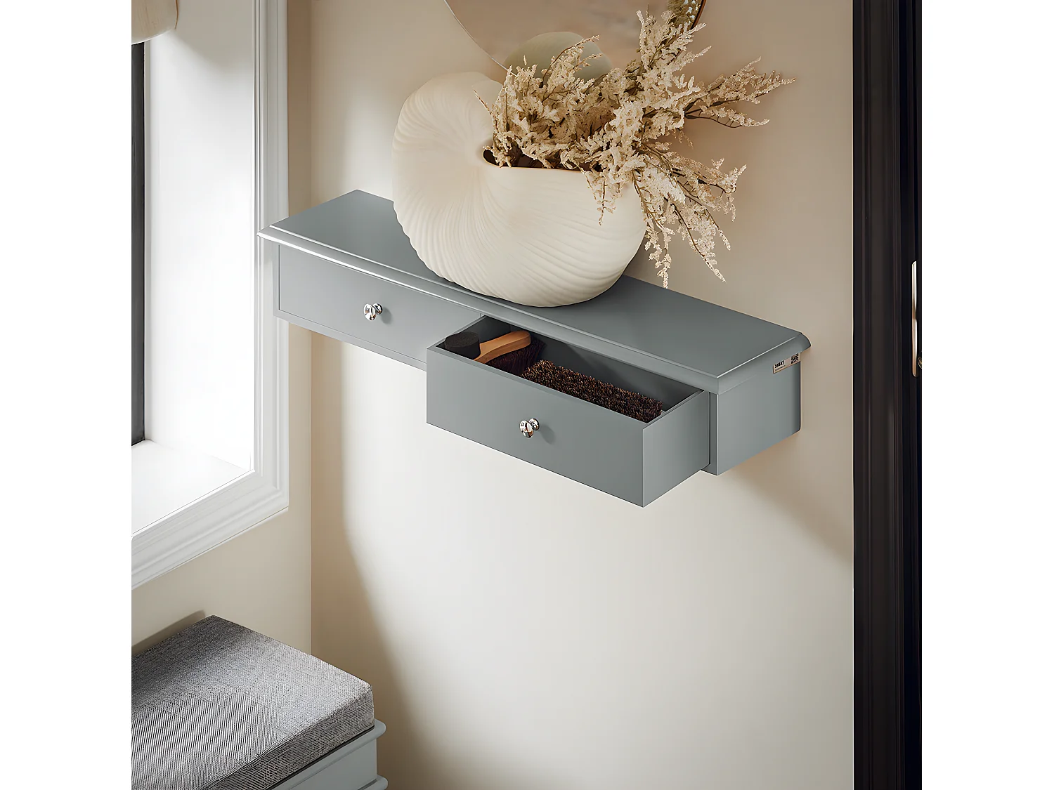 SoBuy Meuble d’entrée de Rangement, Étagère Murale 2 tiroirs, Armoire à clés, Porte-clés L64xP15xH10cm -Gris, FRG43-HG