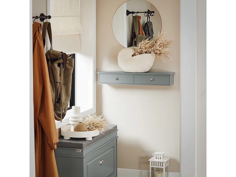 SoBuy Entreeopberger, wandplank met 2 laden, sleutelkast, sleutelhouder L64xD15xH10cm - Grijs, FRG43-HG