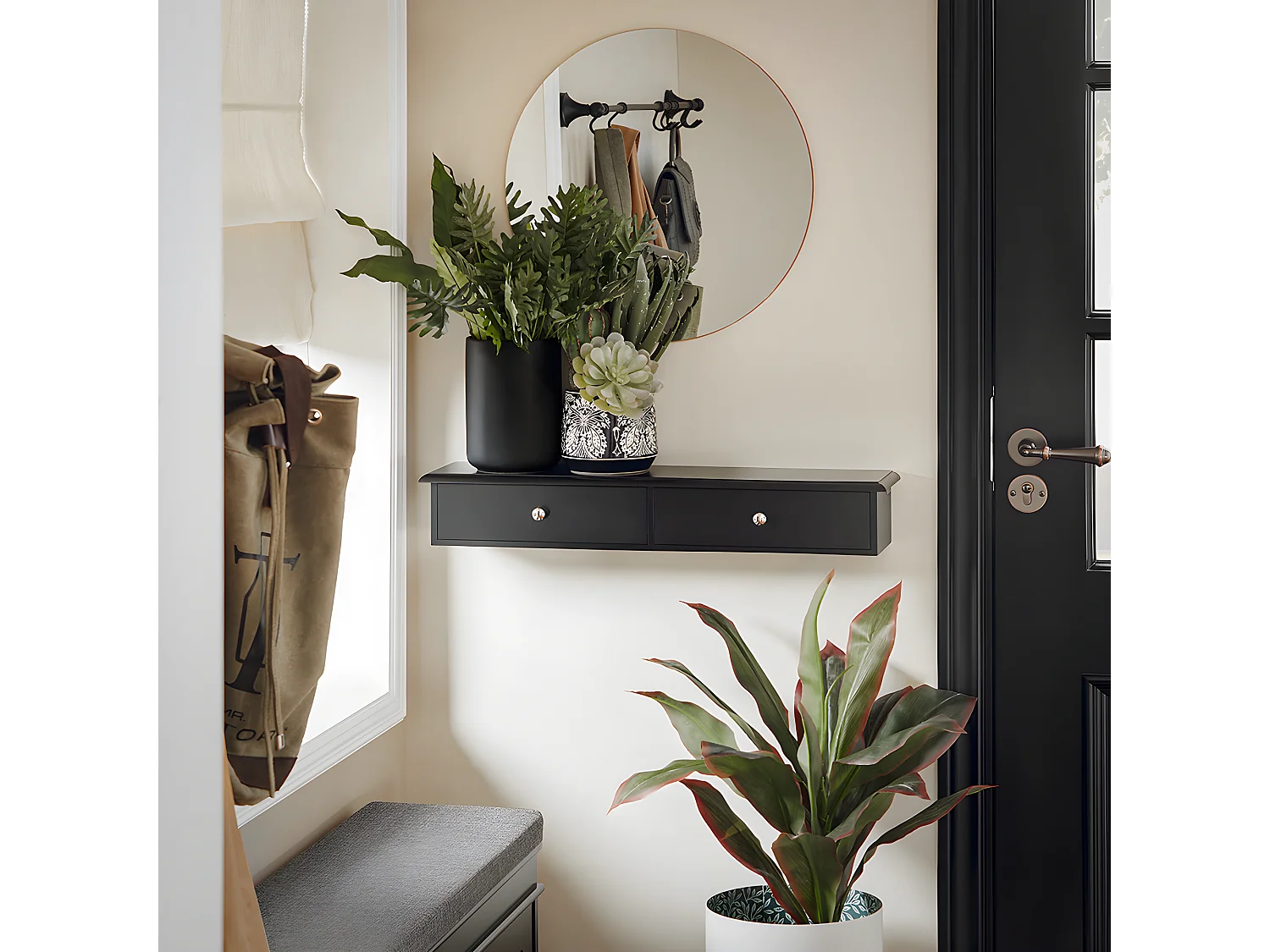 SoBuy Entree opbergmeubel, wandplank met 2 laden, sleutelkast, sleutelhouder L64xD15xH10cm - Zwart, FRG43-SCH
