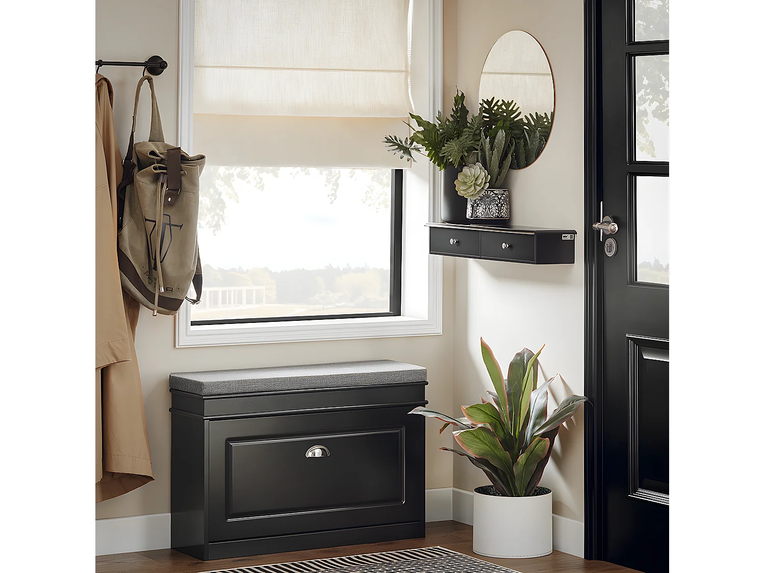 SoBuy Entree opbergmeubel, wandplank met 2 laden, sleutelkast, sleutelhouder L64xD15xH10cm - Zwart, FRG43-SCH