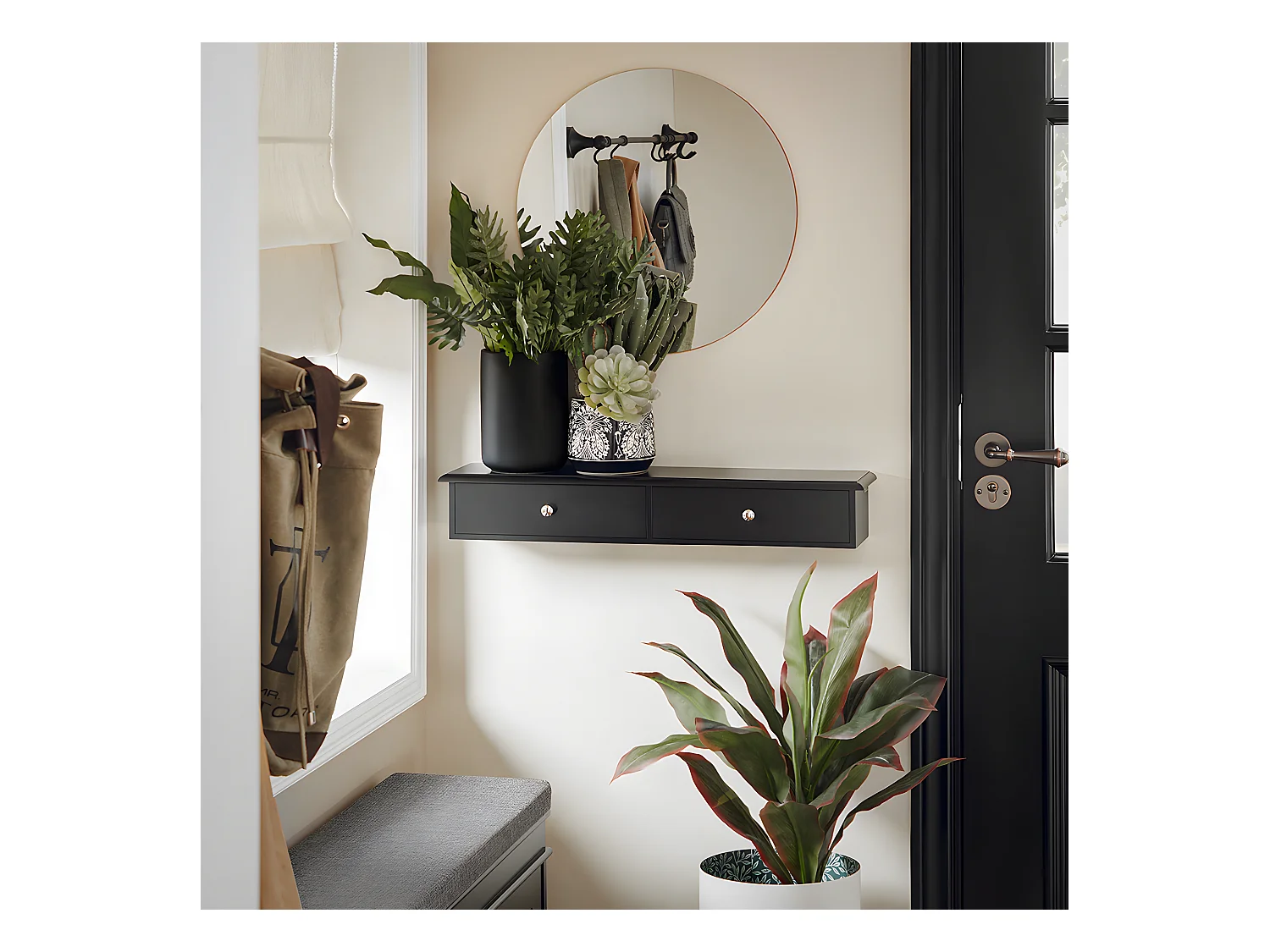 SoBuy Meuble d’entrée de Rangement, Étagère Murale 2 tiroirs, Armoire à clés, Porte-clés L64xP15xH10cm -Noir, FRG43-SCH