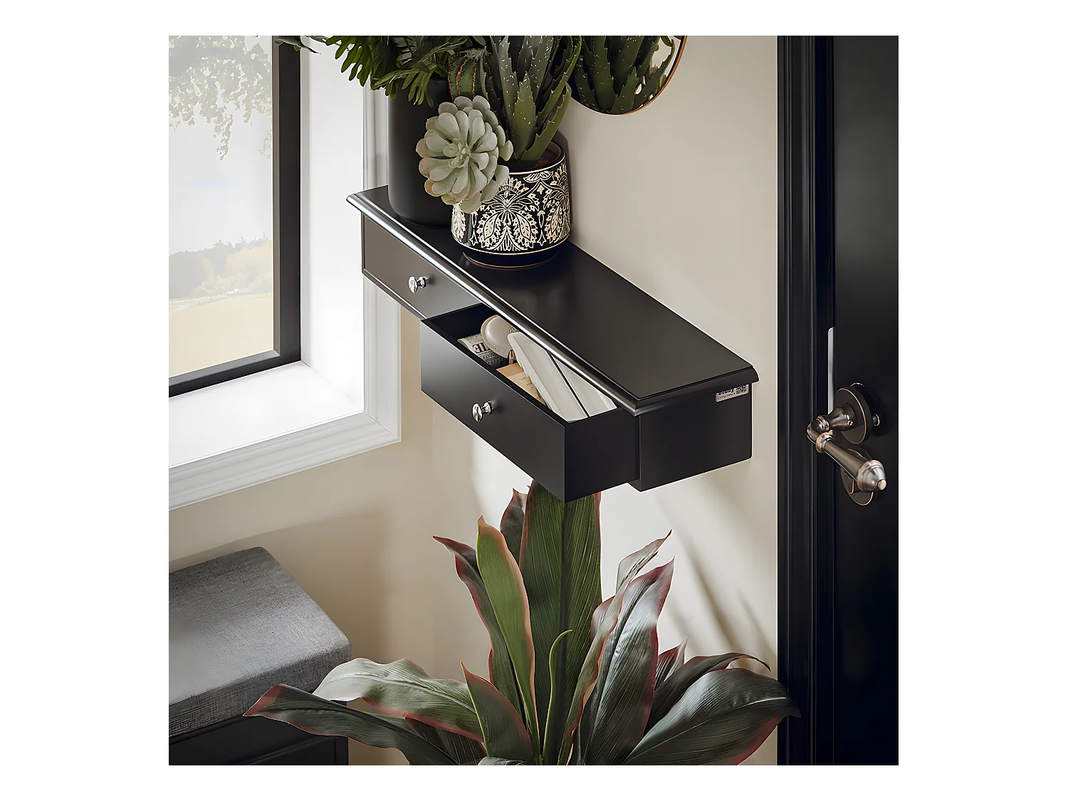 SoBuy Meuble d’entrée de Rangement, Étagère Murale 2 tiroirs, Armoire à clés, Porte-clés L64xP15xH10cm -Noir, FRG43-SCH