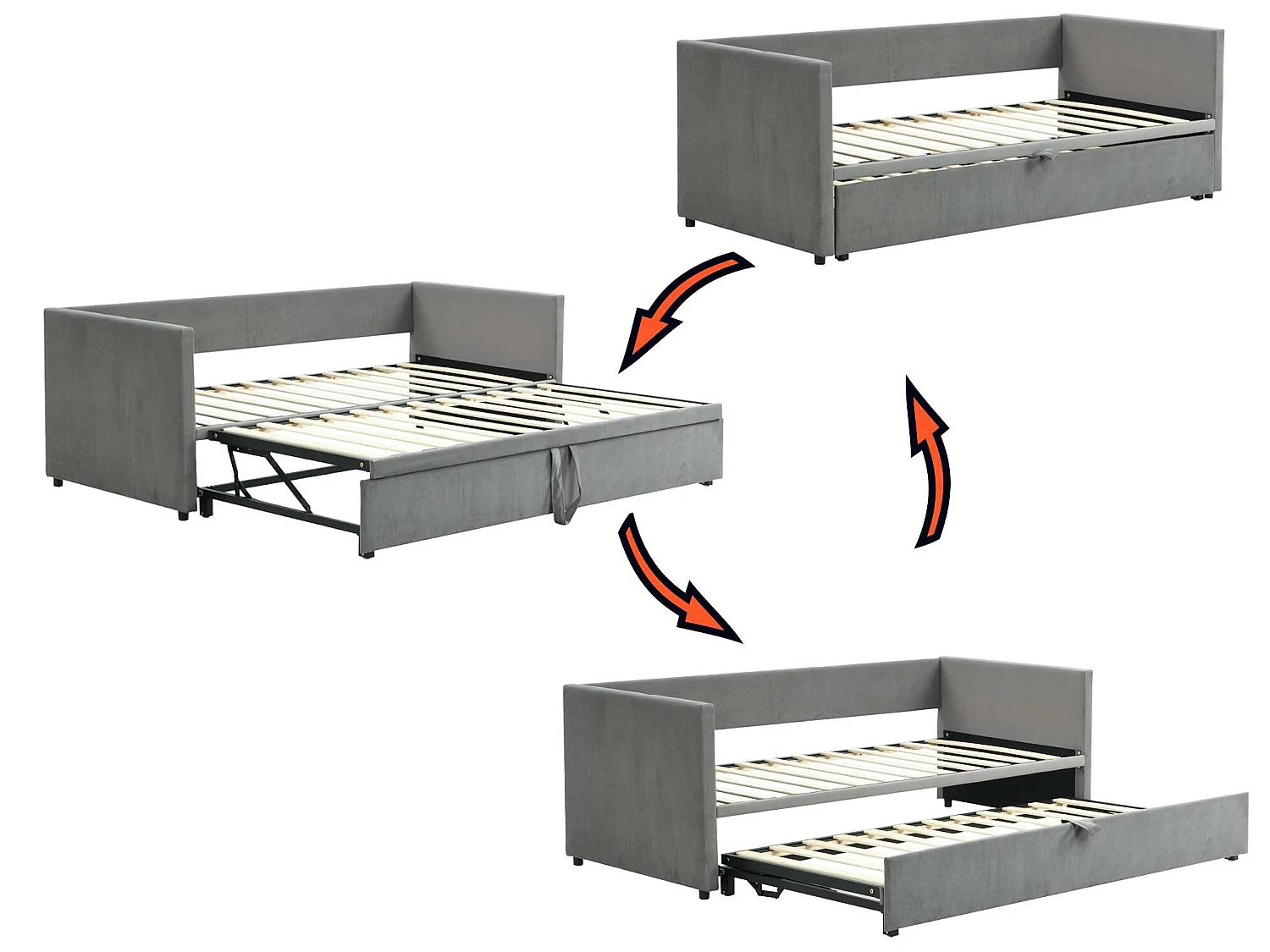 Cama nido de terciopelo con somier de láminas - 90/180x200cm - Gris claro